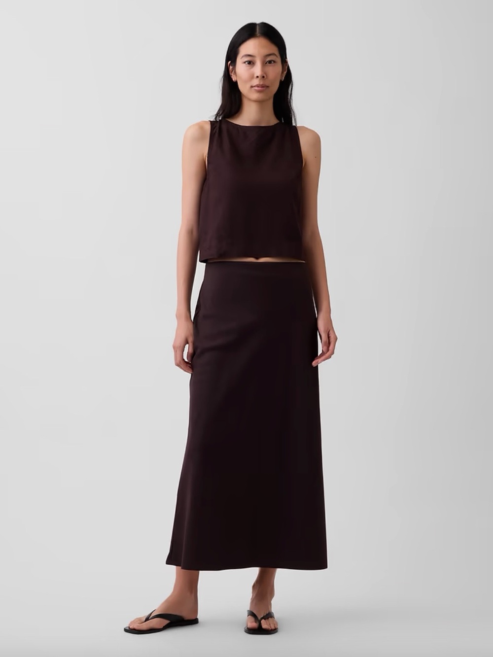 Gap SET Linen Blend Crop Shell Tank Top Slip Skirt Brown